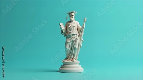 A white classical statue reminiscent of Greek or Roman art, wearing a graduation cap and holding a stylus, stands on a pedestal against a vibrant turquoise backdrop