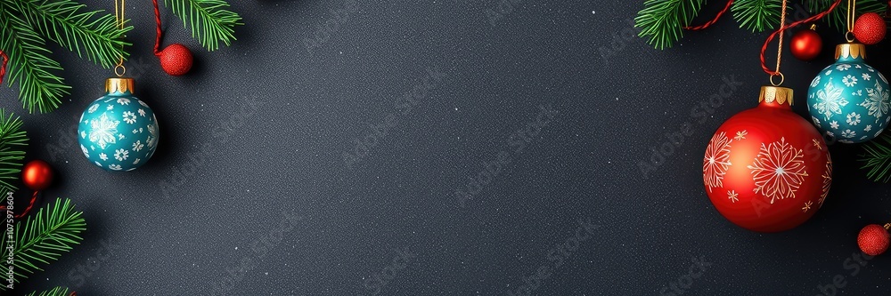 Festive Christmas Border with Ornaments and Pine Branches on a Dark Background, copy space background, Festive Christmas Border with Ornaments and Pine Branches on a Dark Background, copy space background,
