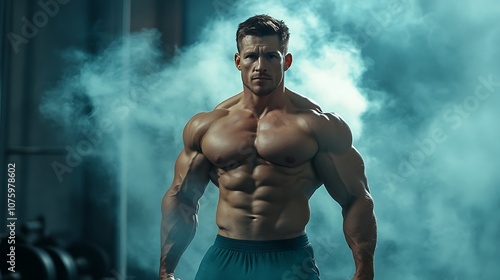 A muscular man poses confidently in a smoky gym atmosphere, showcasing strength and fitness.