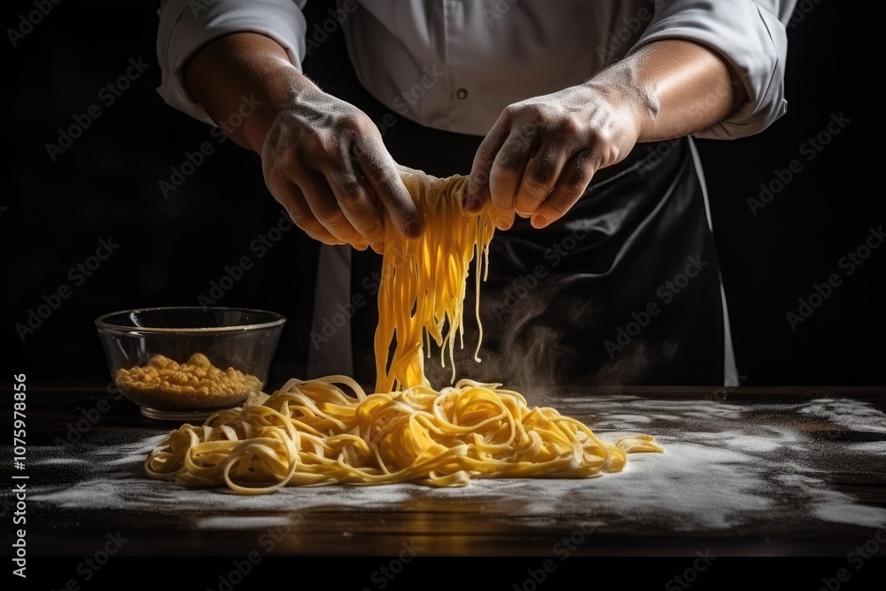 Chef cooks spaghetti and pasta in salt water against dark background the concept Chef cooks spaghetti and pasta in salt water against dark background the concept