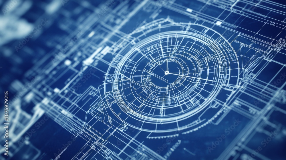 Futuristic Circuit Board Blueprint with Clock Face on Deep Blue Background, Featuring Mechanical Components and Technological Symbols. Futuristic Circuit Board Blueprint with Clock Face on Deep Blue Background, Featuring Mechanical Components and Technological Symbols.