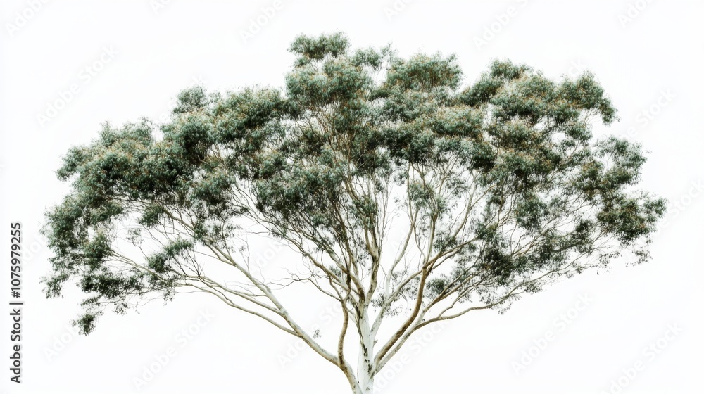 Tall Eucalyptus Tree with Thick Green Canopy and Pointed Trunk on White Background Tall Eucalyptus Tree with Thick Green Canopy and Pointed Trunk on White Background