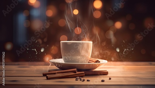 Cup of hot coffee with smoke on a dark background