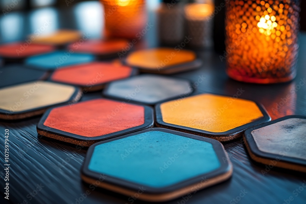 Vibrant Hexagonal Coasters and Plates Adorning a Modern Dining Table Vibrant Hexagonal Coasters and Plates Adorning a Modern Dining Table