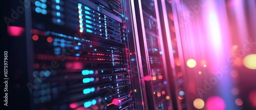 Close-up of server rack in data center filled with unique servers, set against blurred futuristic city backdrop.