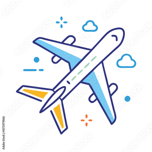 Airplane icon with clouds in flight, Vector illustration of an airplane in blue and yellow flying among clouds, symbolizing air travel, transportation, and a journey in the sky. 