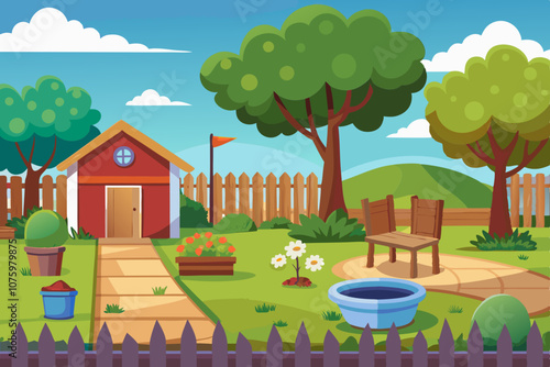 Scene of backyard with a fence illustration