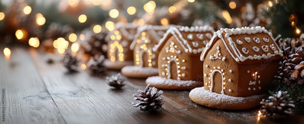 charming christmas setting with gingerbread houses adorning a festive table illuminated by soft twinkling lights in the background creating a cozy and magical holiday atmosphere charming christmas setting with gingerbread houses adorning a festive table illuminated by soft twinkling lights in the background creating a cozy and magical holiday atmosphere
