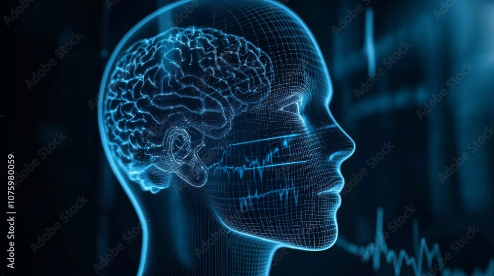 Futuristic Close-Up of Human Head with Blue Background and Pulse Graph Representing Brain Activity - Tech Concept. Futuristic Close-Up of Human Head with Blue Background and Pulse Graph Representing Brain Activity - Tech Concept.