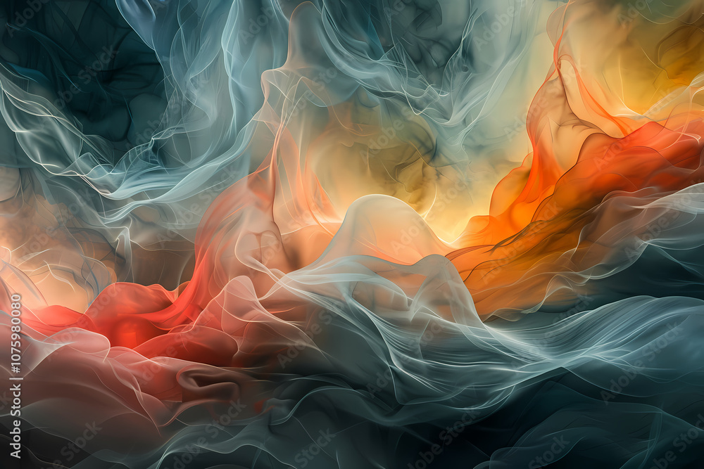 A mesmerizing abstract swirl of translucent colors, featuring hues of orange, blue, and grey, creating a dreamy ethereal atmosphere.