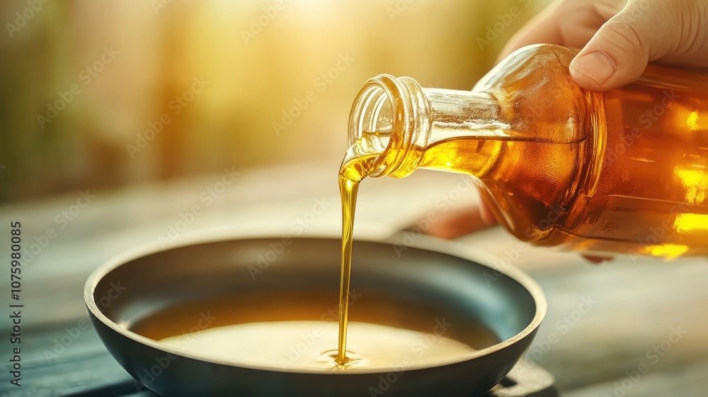 Glass bottle pouring golden oil into a frying pan on a wooden surface with warm sunlight creating a cozy atmosphere for cooking or culinary activities Glass bottle pouring golden oil into a frying pan on a wooden surface with warm sunlight creating a cozy atmosphere for cooking or culinary activities