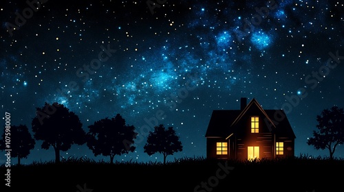 A serene night scene featuring a cozy house under a starry sky with silhouetted trees.