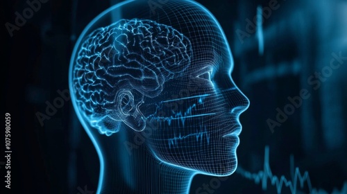 Futuristic Close-Up of Human Head with Blue Background and Pulse Graph Representing Brain Activity - Tech Concept.