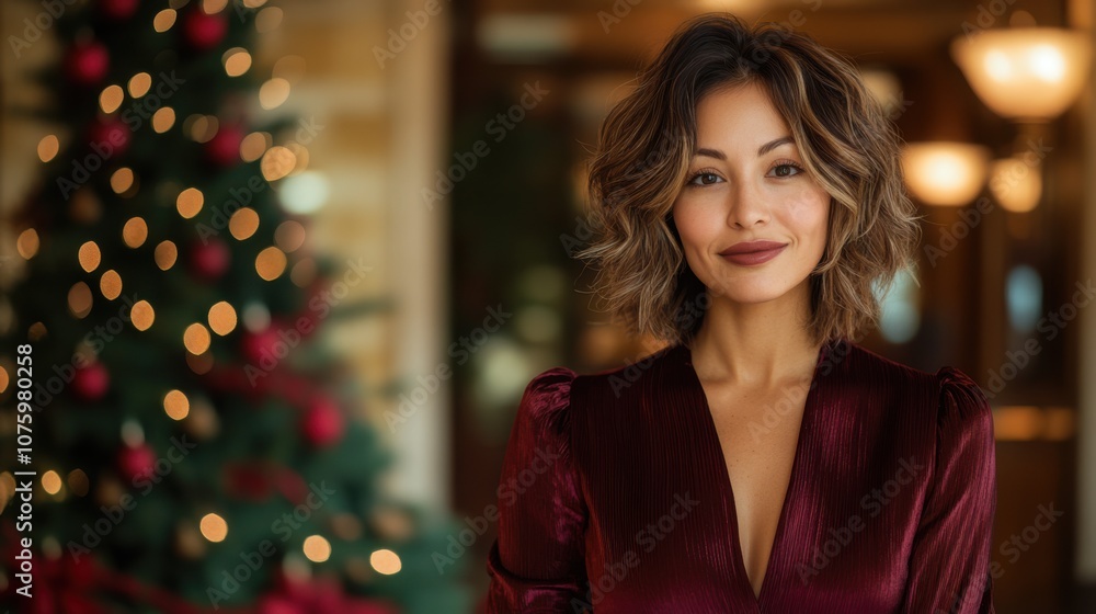 Obraz premium Half body shot of a Latina woman with short, wavy hair, wearing a burgundy silk blouse, standing in a lobby decorated with a Christmas tree and garland, copy space, business holiday events, corporate