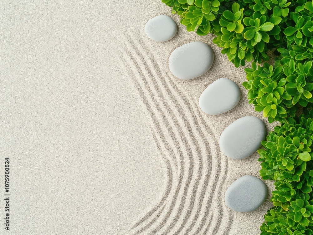 Obraz premium Tranquil Zen Garden with Smooth Stones and Lush Green Plants Against Soft Sand Background, Perfect for Wellness and Mindfulness Themes