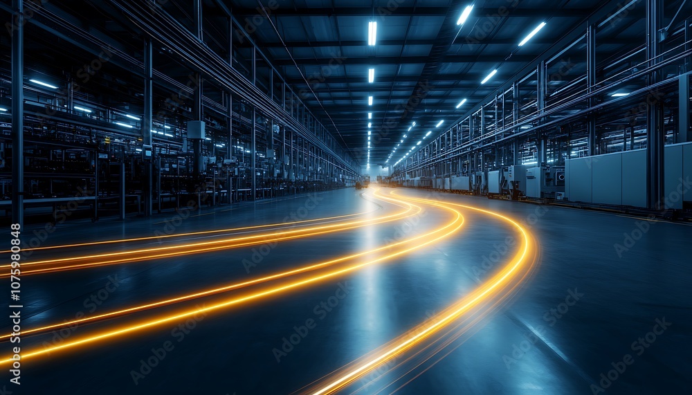 A modern warehouse interior with illuminated pathways created by light trails, conveying a sense of motion and technology. A modern warehouse interior with illuminated pathways created by light trails, conveying a sense of motion and technology.