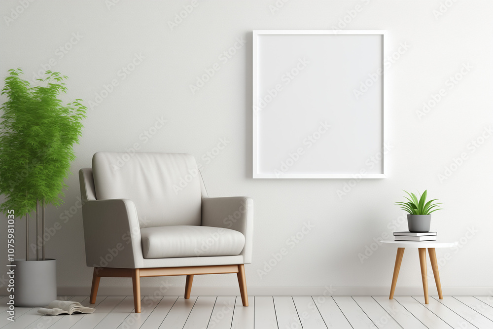 Blank white empty picture frame mockup on grey wall. Copy space mock-up. Artwork showcase. View of modern scandinavian style interior with chair. Home staging and minimalism concept Blank white empty picture frame mockup on grey wall. Copy space mock-up. Artwork showcase. View of modern scandinavian style interior with chair. Home staging and minimalism concept