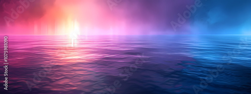 A mesmerizing twilight view over calm waters, showcasing vibrant hues of pink, purple, and blue reflected in the serene ocean surface.