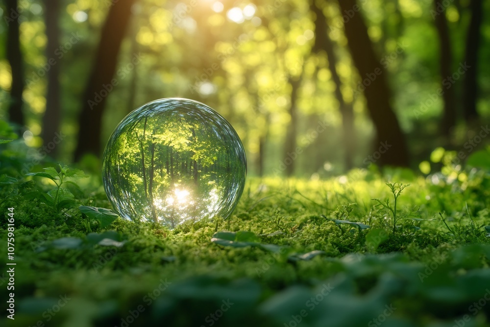 Glowing Emerald Globe Reflecting Enchanted Forest Landscape with Lush Vegetation and Radiant Glowing Emerald Globe Reflecting Enchanted Forest Landscape with Lush Vegetation and Radiant