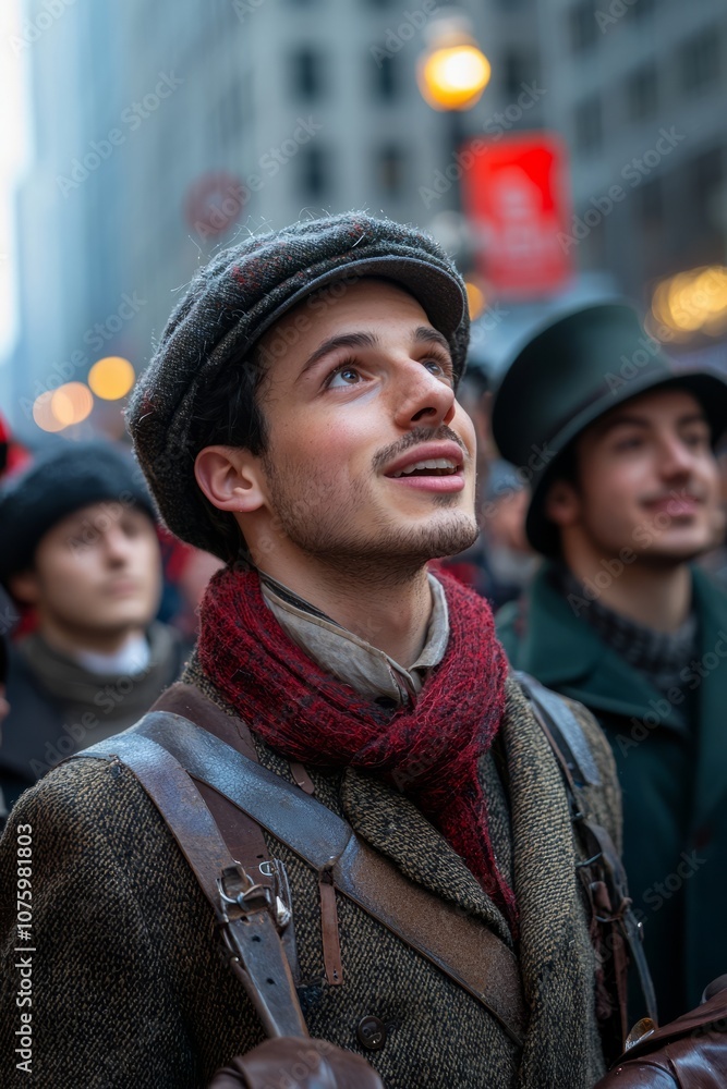 Carolers walk along the parade route singing classic Christmas songs. Their voices add to the festive spirit, Generative AI Carolers walk along the parade route singing classic Christmas songs. Their voices add to the festive spirit, Generative AI