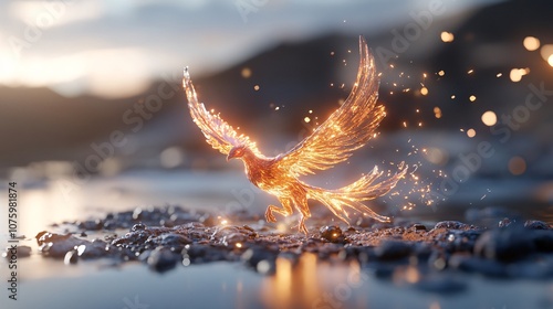 Mystical Phoenix Rising from Ashes in ethereal Scene