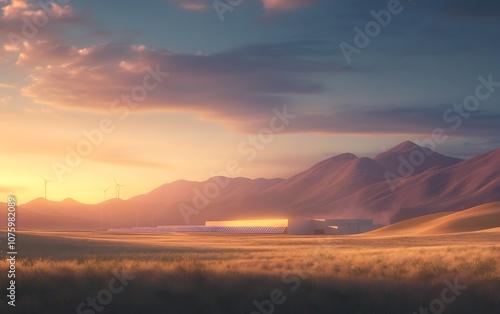 A serene landscape featuring mountains, a colorful sky at sunset, and a distant airport, blending nature with human infrastructure.