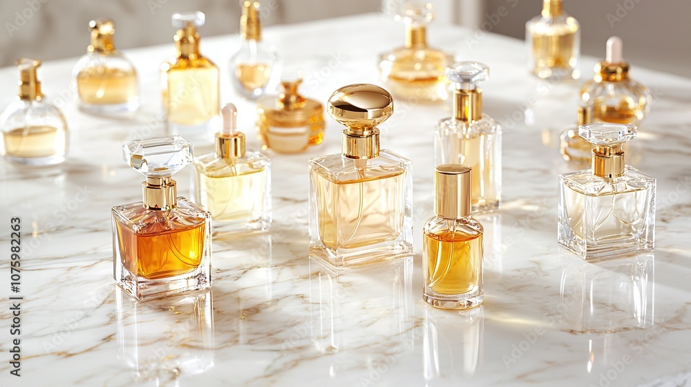 Various elegant perfume bottles are arranged on a marble surface, showcasing a range of fragrances with rich soft and infused golden accents and transparent designs. Various elegant perfume bottles are arranged on a marble surface, showcasing a range of fragrances with rich soft and infused golden accents and transparent designs.