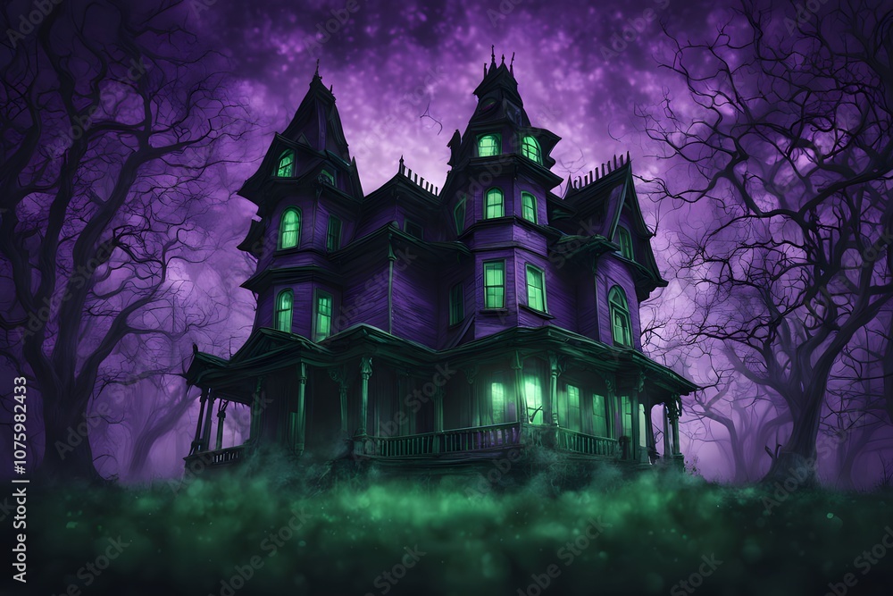 A haunted house with bokeh lights in eerie purple and green evoking a spooky atmosphere, Ai Generated A haunted house with bokeh lights in eerie purple and green evoking a spooky atmosphere, Ai Generated
