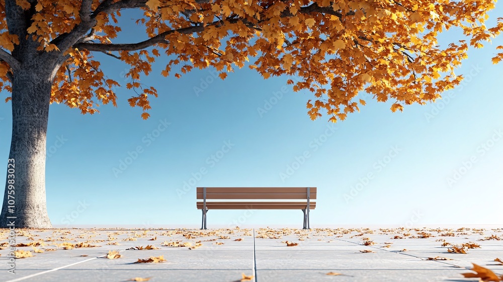 Naklejka premium Peaceful Autumn Scene with Wooden Bench in Park