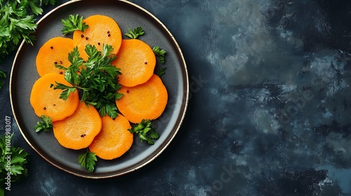 A plate of sliced carrots garnished with fresh parsley on a textured background.