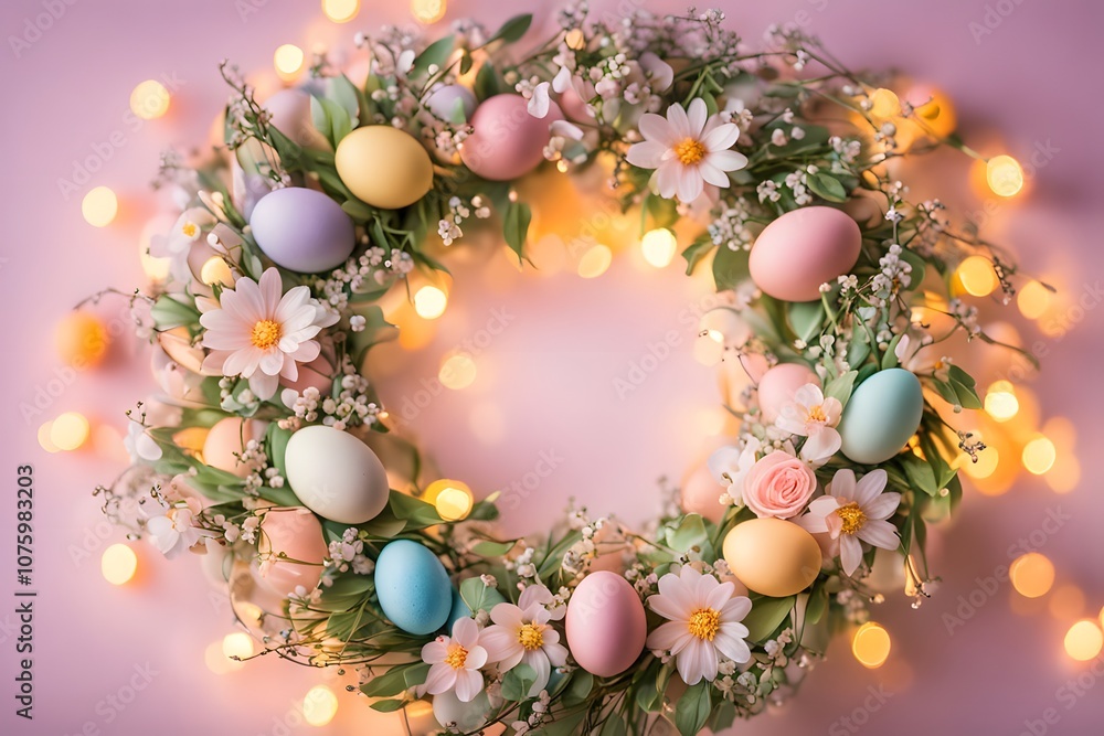 A wreath made of flowers and easter eggs with pastel bokeh lights in the background, AI Generated A wreath made of flowers and easter eggs with pastel bokeh lights in the background, AI Generated