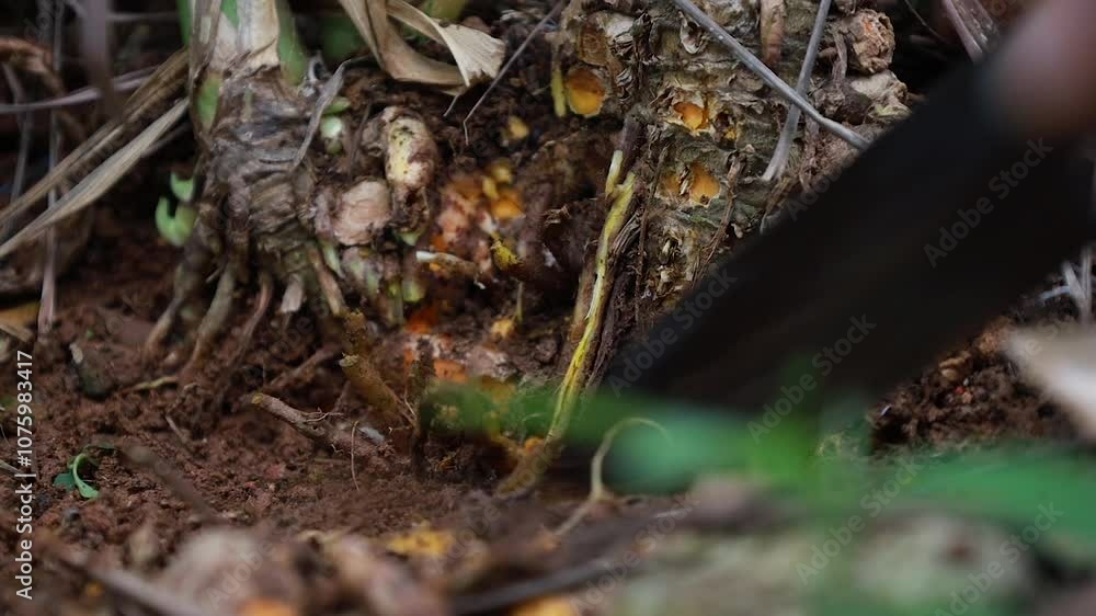Curcuma longa, farmers harvest fresh organic turmeric roots, farmland in the yard, video footage Curcuma longa, farmers harvest fresh organic turmeric roots, farmland in the yard, video footage
