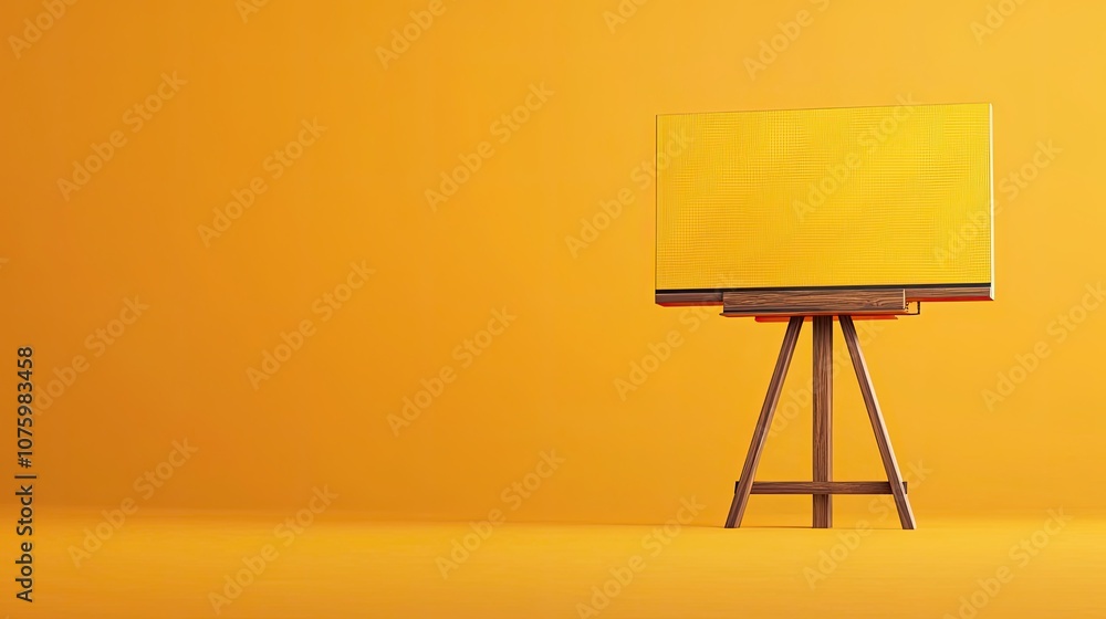Bright Yellow Background with a Modern TV Display on a Wooden Stand, Perfect for Advertising and Creative Presentations of Digital Content Bright Yellow Background with a Modern TV Display on a Wooden Stand, Perfect for Advertising and Creative Presentations of Digital Content