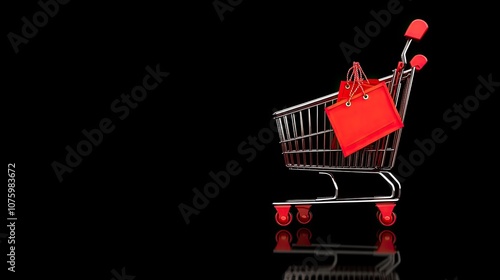 Red Shopping Cart with Bags Isolated on Black Background Perfect for E-commerce, Retail, Shopping Concepts and Marketing Materials in Commercial Use