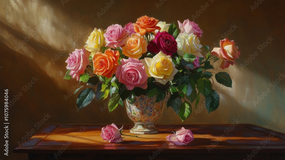 A bouquet of multicolored roses arranged in a vintage vase on a wooden table, with soft light casting gentle shadows A bouquet of multicolored roses arranged in a vintage vase on a wooden table, with soft light casting gentle shadows