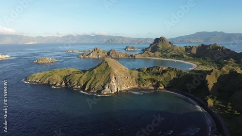 Panning drone shoot of Padar Island in the morning