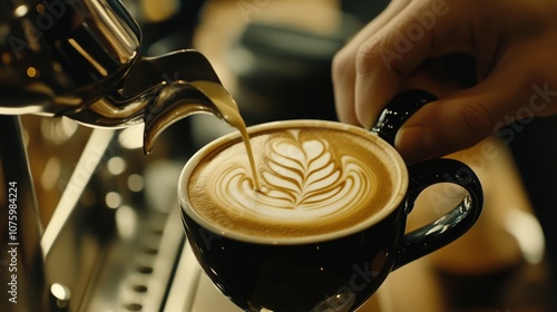 A close-up of a barista pouring milk into a rich espresso, creating intricate latte art