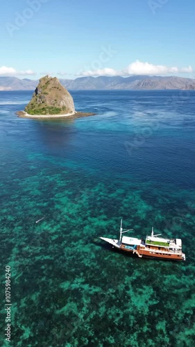 Drone shoot landscape the ocean of Pink Beach Island in Labuan Bajo through the travel boat