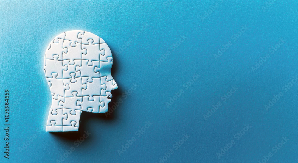 A head-shaped puzzle piece sits against a blue background, illustrating the complexities of mental health and anxiety concepts. Generative AI A head-shaped puzzle piece sits against a blue background, illustrating the complexities of mental health and anxiety concepts. Generative AI