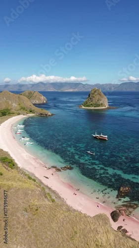 Drone shoot of landscape Pink Beach Labuan Bajo and it ocean