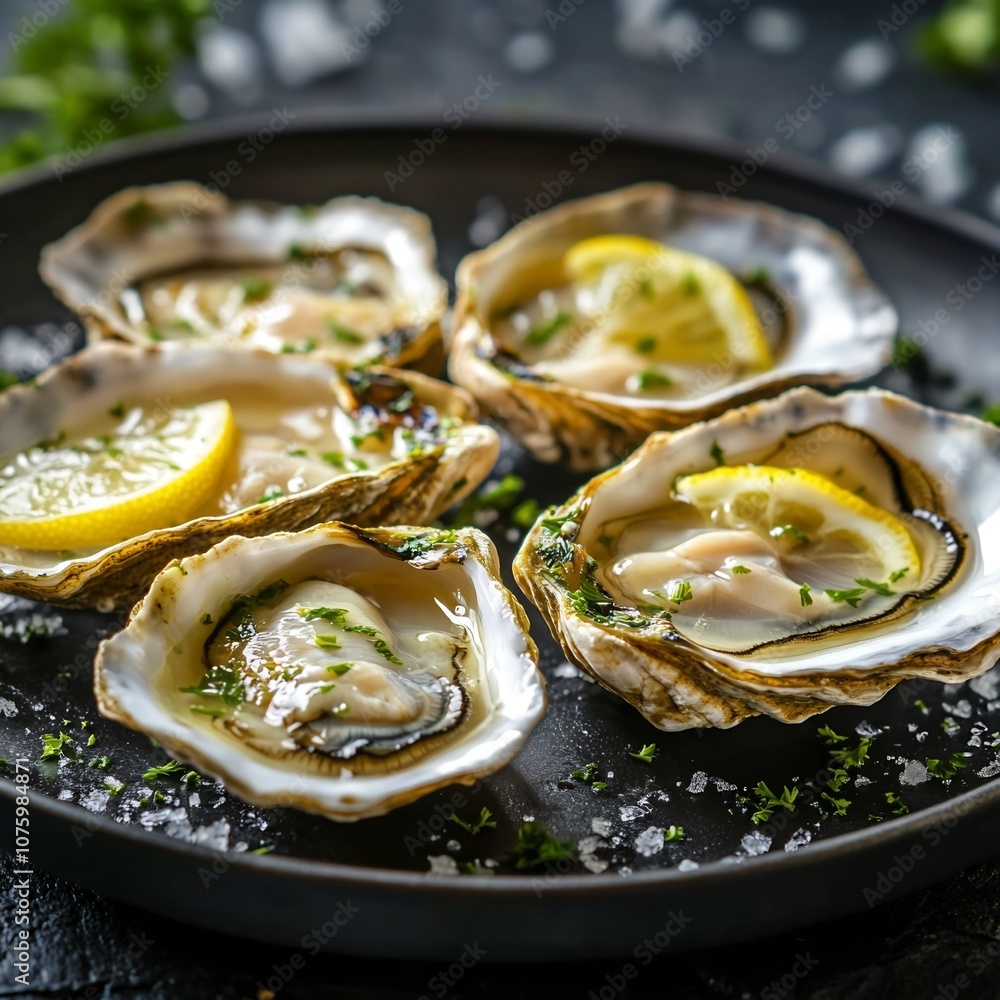Elegant and Tempting Oysters with Lemon and Parsley in Plate Product Photography Elegant and Tempting Oysters with Lemon and Parsley in Plate Product Photography