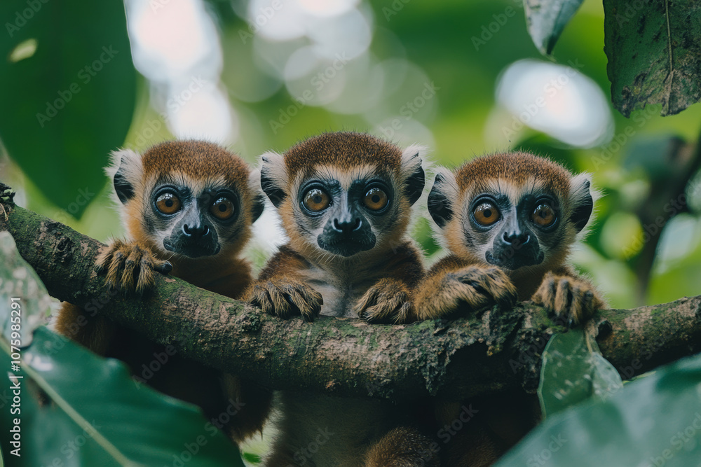 Fototapeta premium Three cute lemur leaning on a tree branch in the rainforest, looking at the camera, close-up shot.