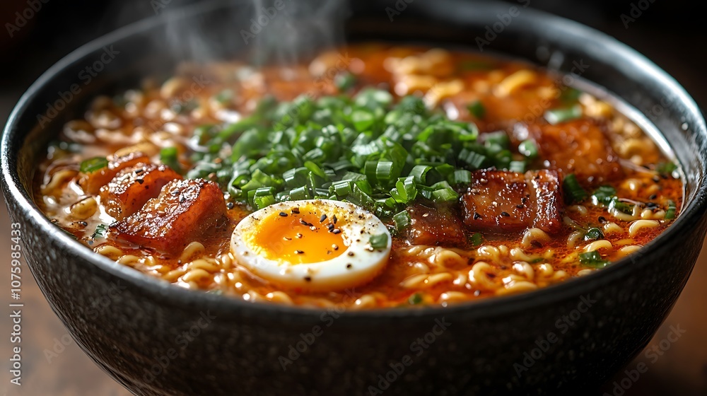 A steaming bowl of ramen noodles with pork belly, a soft-boiled egg, and green onions. A steaming bowl of ramen noodles with pork belly, a soft-boiled egg, and green onions.