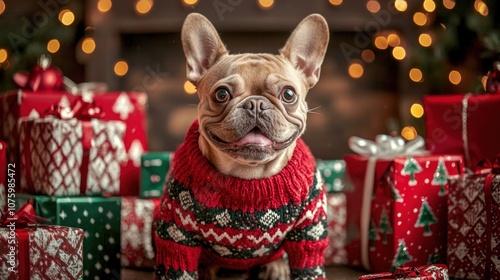 A dog wearing a Christmas sweater, surrounded by holiday gifts. photo