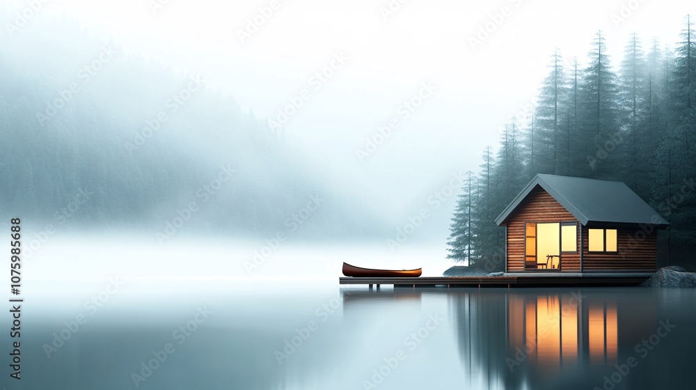 Fototapeta premium Peaceful Lakeside Cabin at Sunrise with Mist Rising