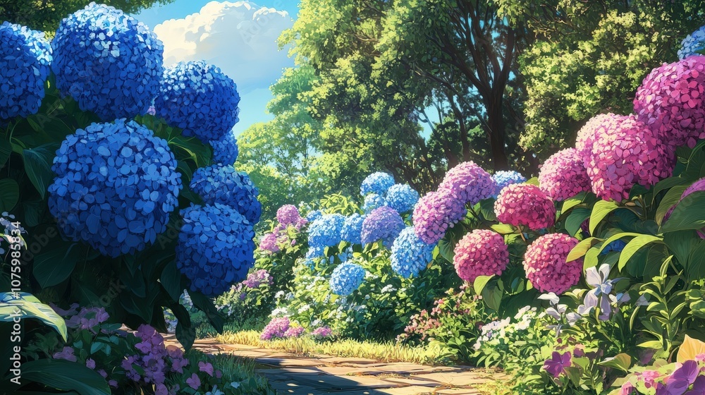 A lush garden with vibrant hydrangea bushes in full bloom, showcasing large clusters of blue, pink A lush garden with vibrant hydrangea bushes in full bloom, showcasing large clusters of blue, pink