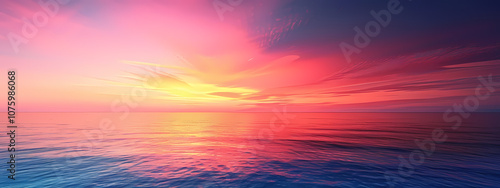 A breathtaking sunset over calm waters, showcasing vibrant pink, orange, and purple hues reflecting in the serene sea.
