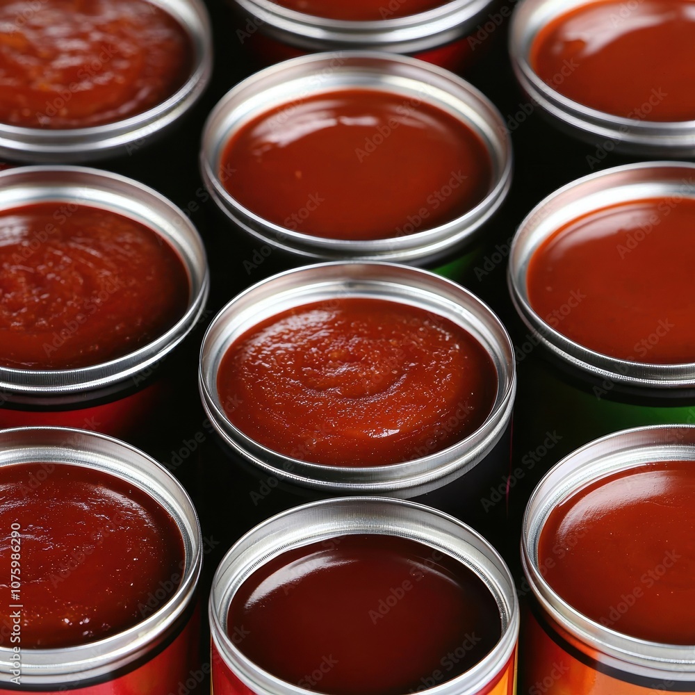 A close-up of colorful jars filled with rich, thick sauces, arranged neatly in a grid, showcasing their vibrant, glossy surfaces. A close-up of colorful jars filled with rich, thick sauces, arranged neatly in a grid, showcasing their vibrant, glossy surfaces.