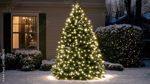 A Christmas tree in a snowy outdoor setting with twinkling lights. photo