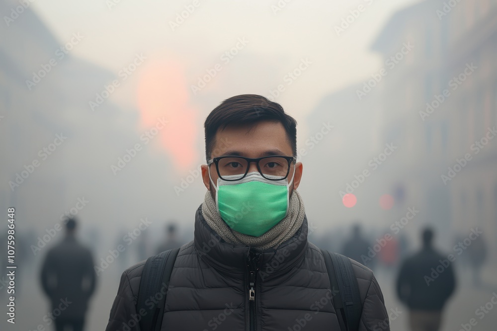 A young person wearing a green mask stands in a foggy environment, surrounded by people and an obscured background. A young person wearing a green mask stands in a foggy environment, surrounded by people and an obscured background.